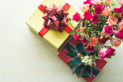 High angle view of christmas presents on table