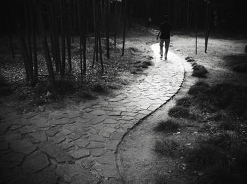 Rear view of man walking on footpath