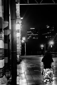 Rear view of people walking on illuminated street at night