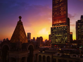 City skyline at sunset