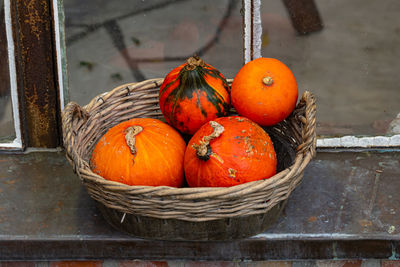 High angle view of pumpkins in basket