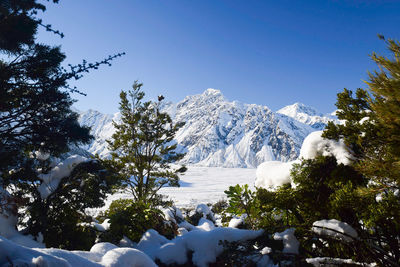 Scenic view of snowcapped mountains against clear sky