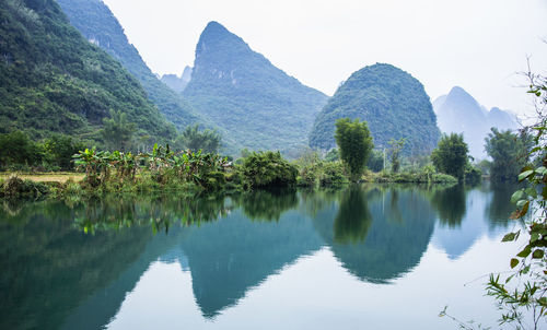 Scenic view of lake and mountains against clear sky