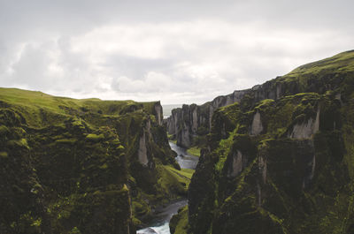 Panoramic view of landscape , canyon in iceland against sky