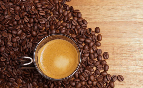 High angle view of coffee beans on table