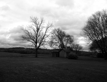 Bare trees on landscape against cloudy sky