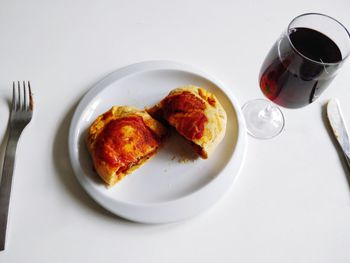 High angle view of breakfast served on table