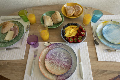 High angle view of breakfast on table