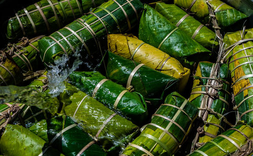 Full frame shot of food wrapped in leaves
