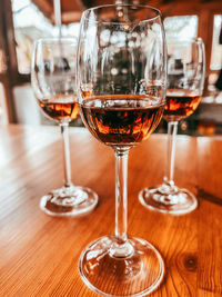 Close-up of wine glasses on table