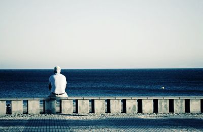 Rear view of man sitting on retaining wall by sea against clear sky