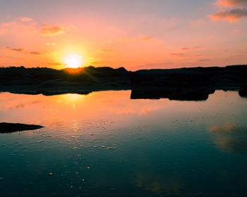 Scenic view of lake against sky during sunset
