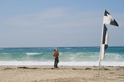 Rear view of man on beach against sky