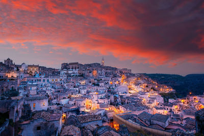 The old town of matera, basilicata, southern italy during a beautiful sunset.