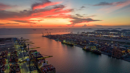 High angle view of sea against sky during sunset