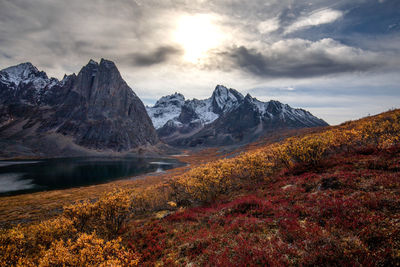 Scenic view of lake and mountains against sky