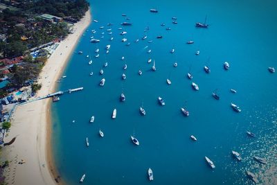 High angle view of boats in sea