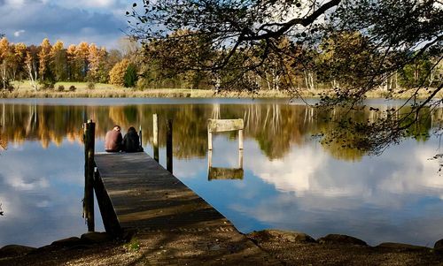 Rear view of people on lake against trees