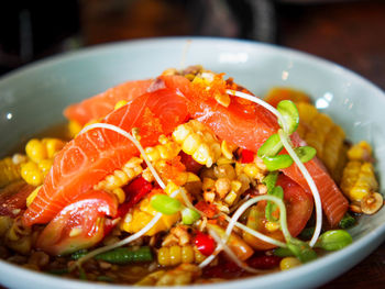 Close-up of salad served in bowl on table