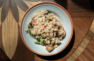 High angle view of food in plate on table