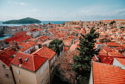 High angle view of townscape against sky