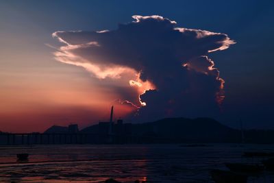 Scenic view of river against cloudy sky during sunset