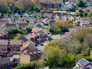 High angle view of buildings in city