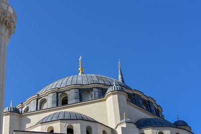 Low angle view of building against clear blue sky