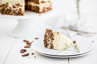 Close-up of cake in plate on table