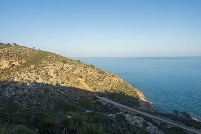 Scenic view of sea against clear blue sky