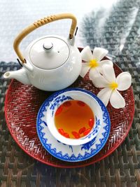 High angle view of tea served on table