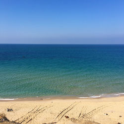 Scenic view of sea against clear blue sky