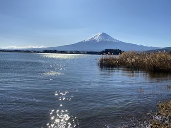 Scenic view of lake and snowcapped mountains against sky