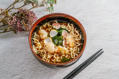 High angle view of soup in bowl