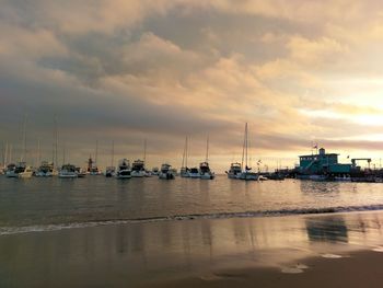 Sailboats moored in harbor at sunset