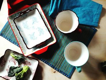 High angle view of breakfast on table