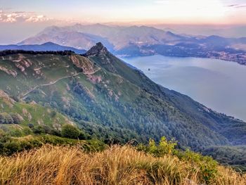 Scenic view of mountains against sky during sunset