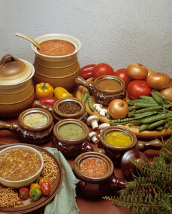 High angle view of eggs in jar on table