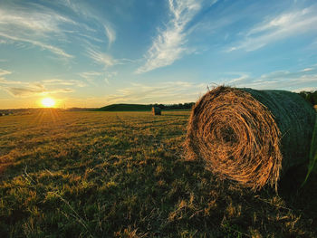 Hay bales on field against sky