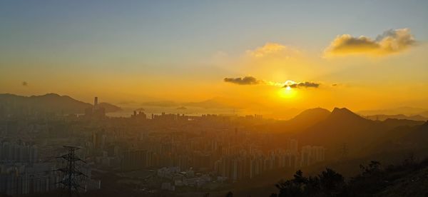 High angle view of townscape against sky during sunset