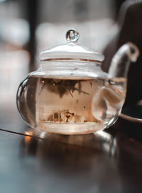 Close-up of tea in glass on table