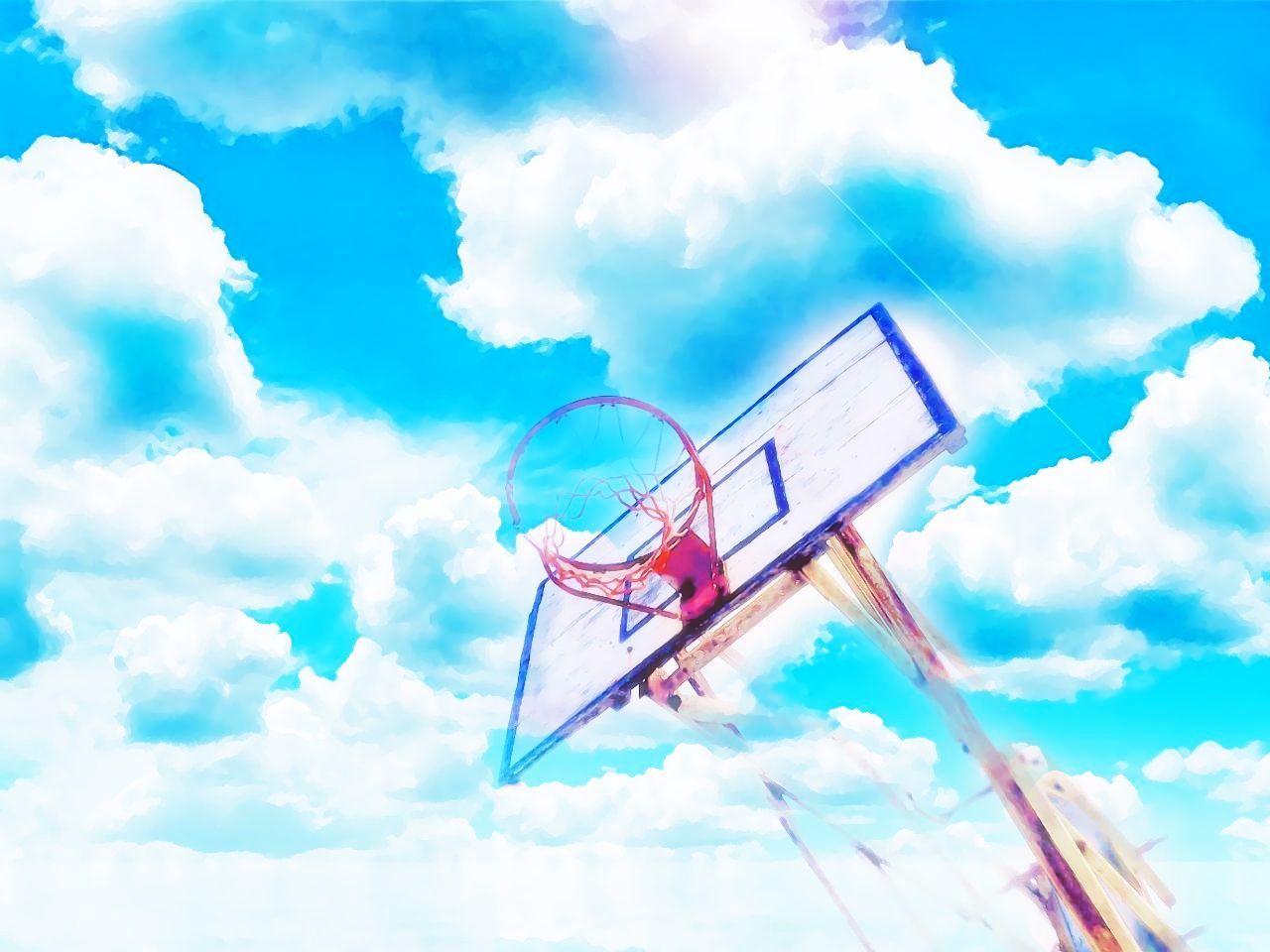 cloud - sky, sky, basketball - sport, low angle view, basketball hoop, day, nature, sport, outdoors, no people, blue, sunlight, metal, communication, ball, cloudscape, leisure games, arts culture and entertainment, motion, leisure activity