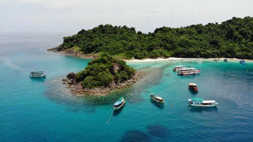 High angle view of boats in sea