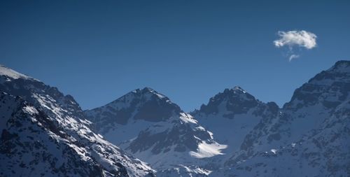 Scenic view of snowcapped mountains against blue sky