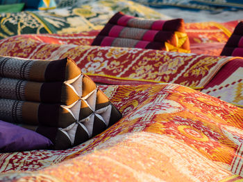 Close-up of multi colored fabric on table