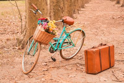 Bicycle leaning against stone wall