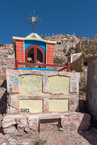 Exterior of temple against clear blue sky