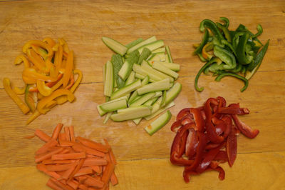 High angle view of chopped vegetables on cutting board