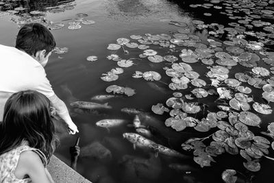 High angle view of woman floating on lake