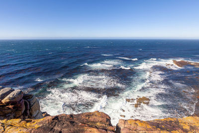 Scenic view of sea against clear blue sky